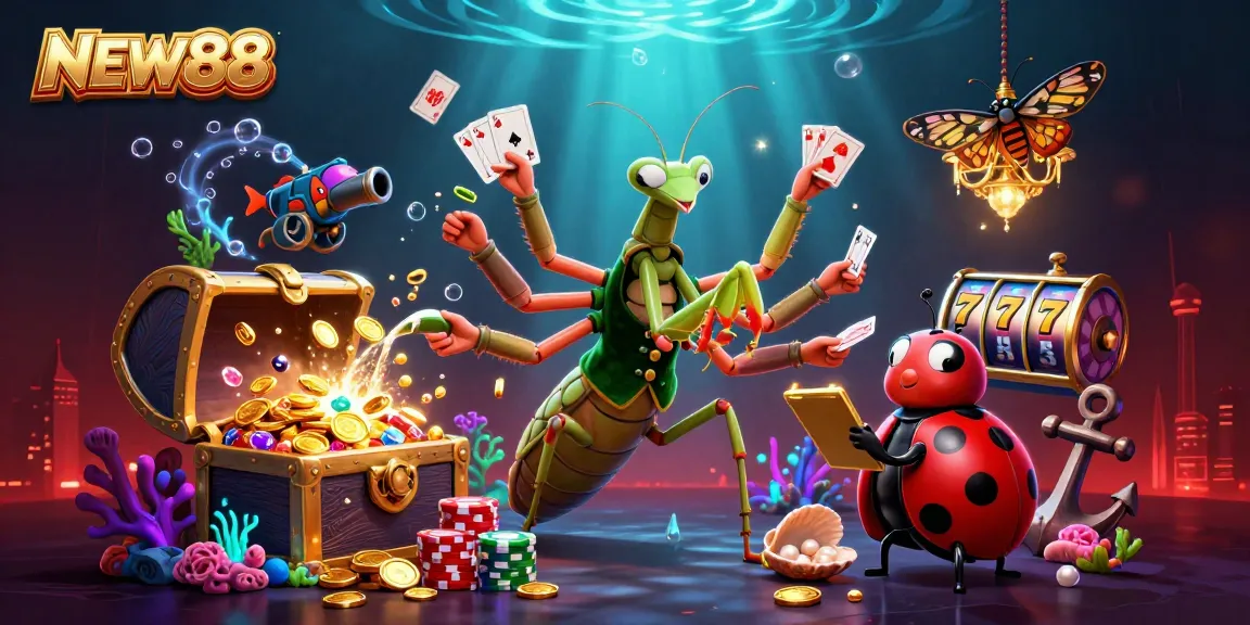 Engage in thrilling gameplay with NEW88, featuring a vibrant casino scene alive with action, cards, and treasure.