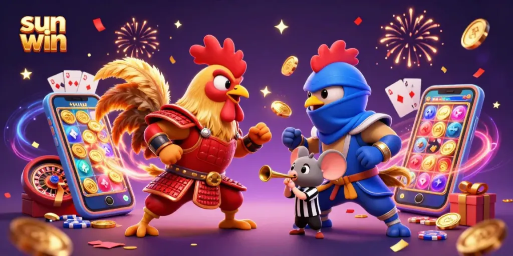 sun win showcases intense rooster showdown in a vibrant 3D casino scene, highlighting slot games and thrilling action.