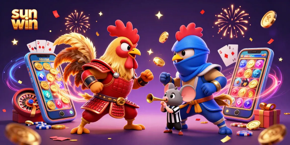 sun win showcases intense rooster showdown in a vibrant 3D casino scene, highlighting slot games and thrilling action.
