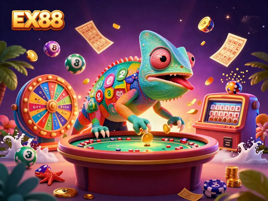 Engage with EX88 at a vibrant casino scene featuring a colorful chameleon owner, lottery elements, and dynamic game action.