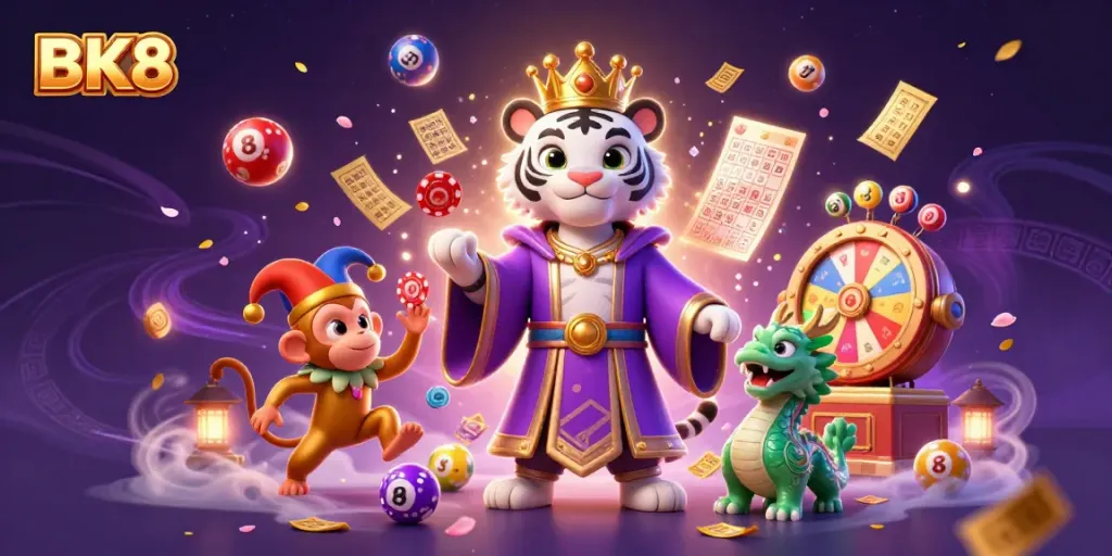 Watch the elegant BK8 tiger and playful monkey interact in a vibrant casino scene filled with lottery elements.