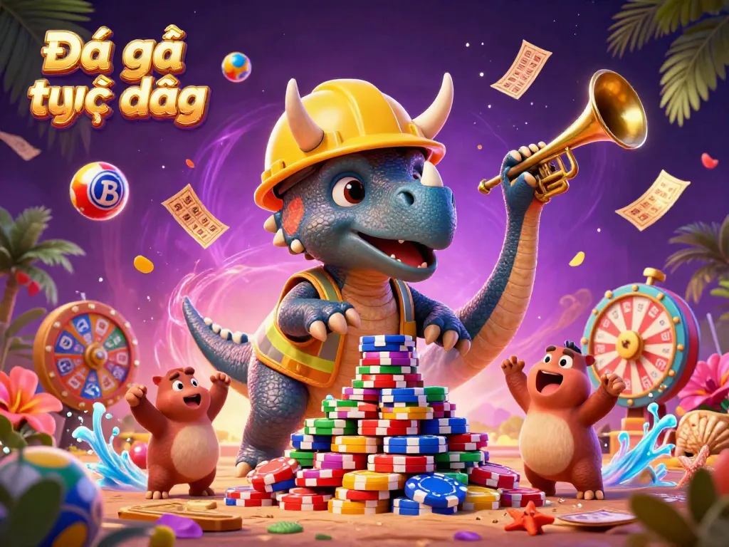 Experience Đá gà trực tiếp action with a triceratops building poker chip pyramid surrounded by dynamic gambling elements.