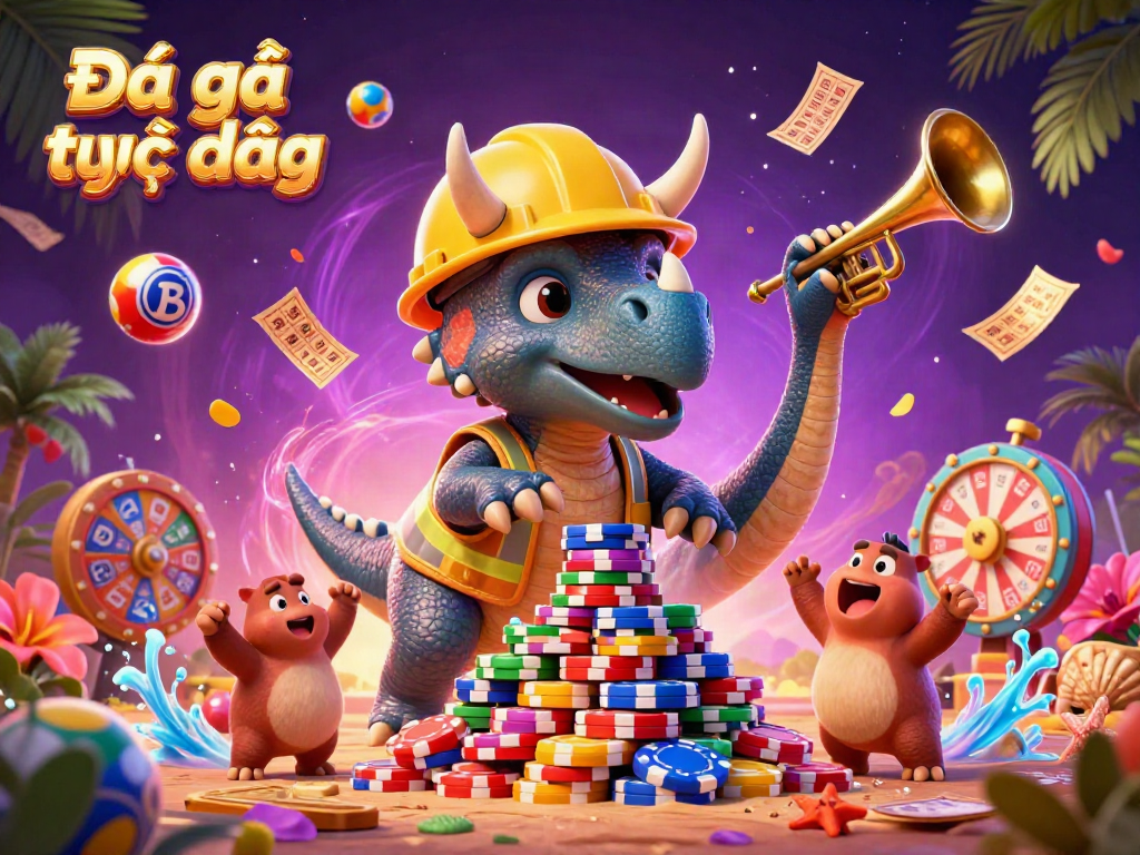 Experience Đá gà trực tiếp action with a triceratops building poker chip pyramid surrounded by dynamic gambling elements.