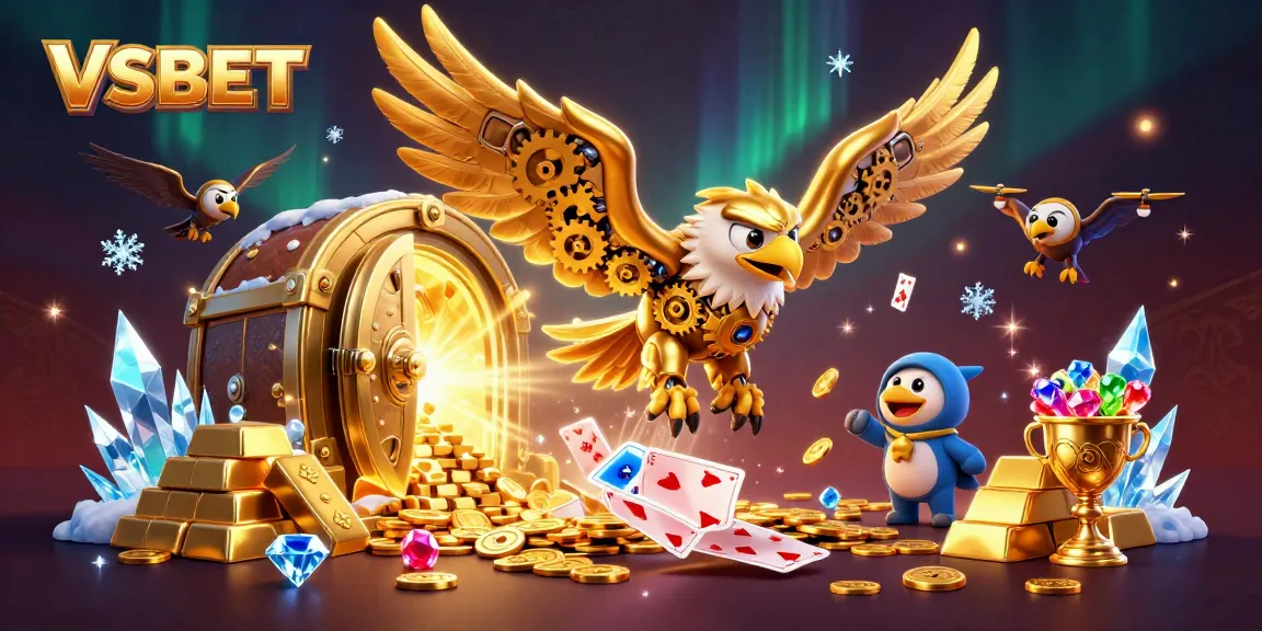 Win big with VSBET by enjoying this vibrant illustration of a cybernetic eagle amidst dazzling casino treasures