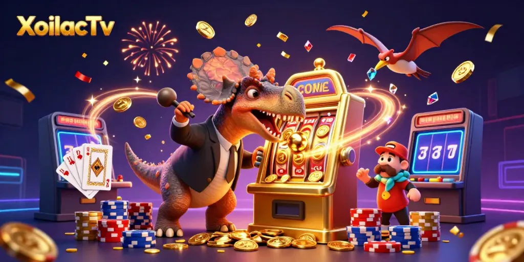 Experience exciting wins at XoilacTv with a 3D scene of a dinosaur jackpot celebration.