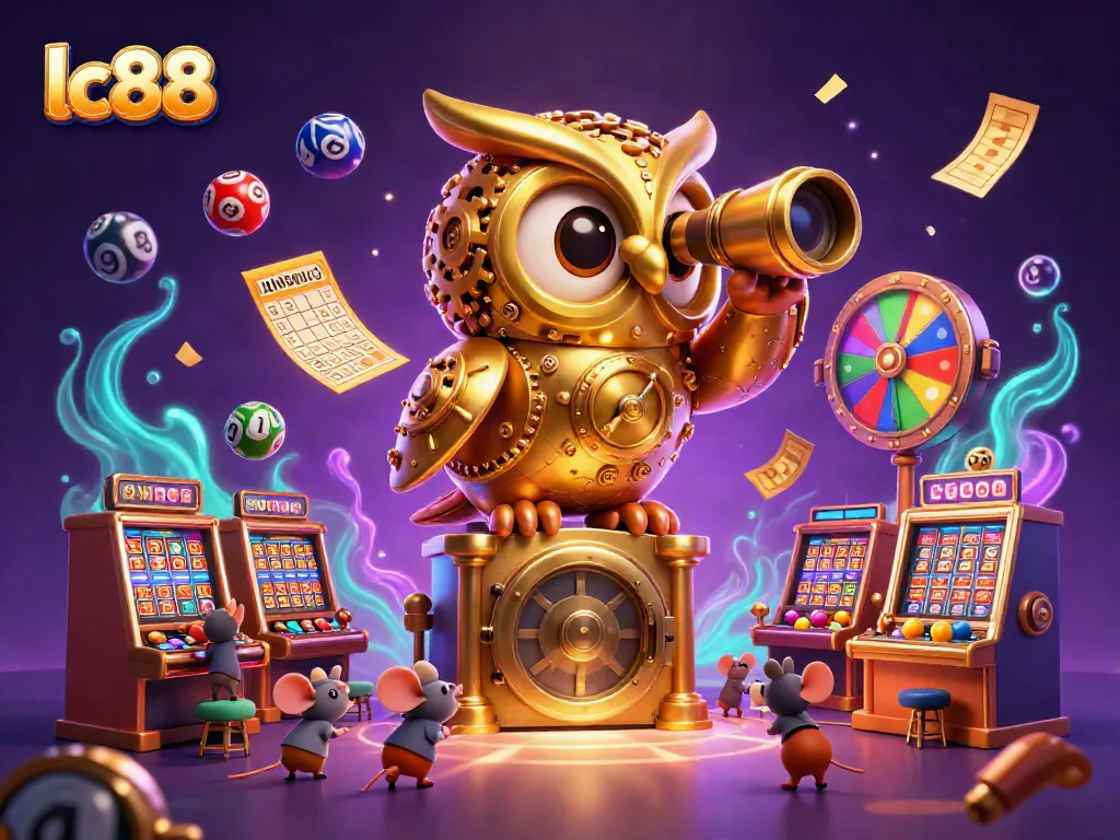 Experience the thrill at lc88 with an enchanting casino scene featuring a whimsical golden owl and lively mouse patrons.