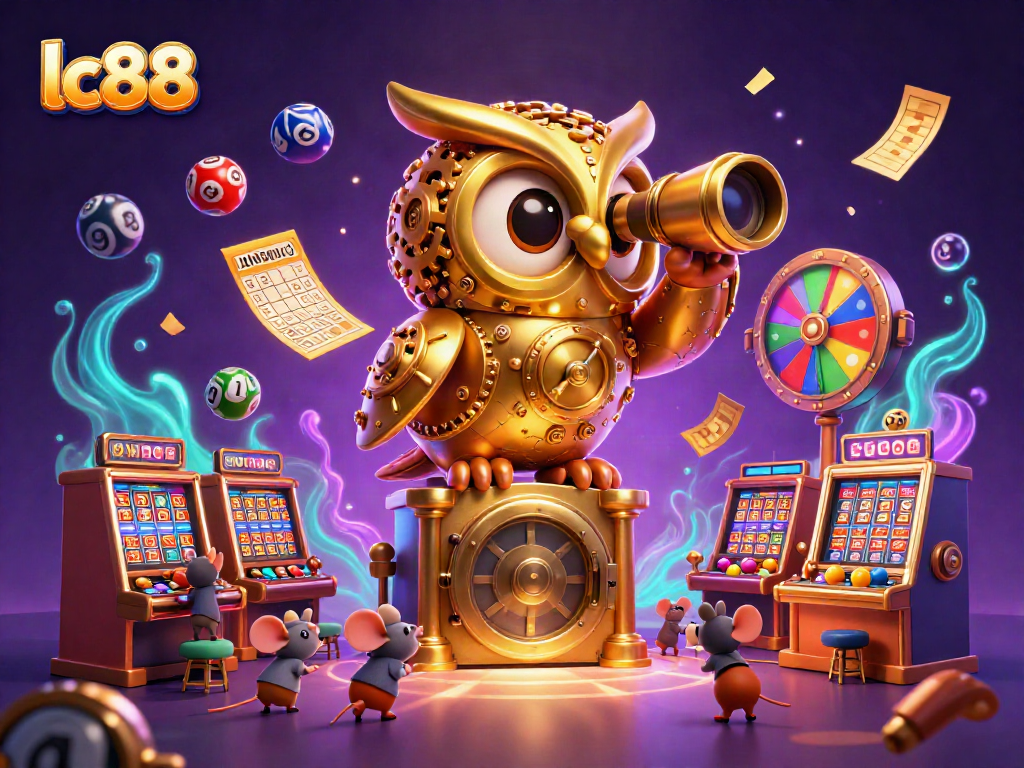Experience the thrill at lc88 with an enchanting casino scene featuring a whimsical golden owl and lively mouse patrons.