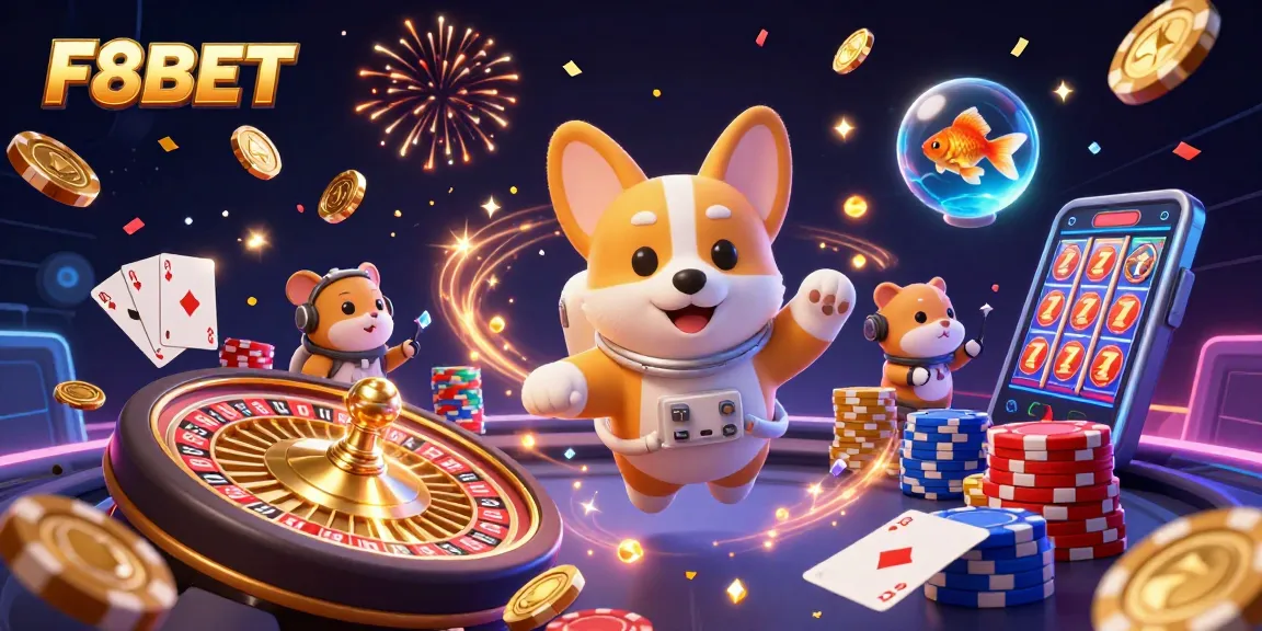 Engage with F8BET for thrilling casino adventures in a vibrant space-themed illustration.