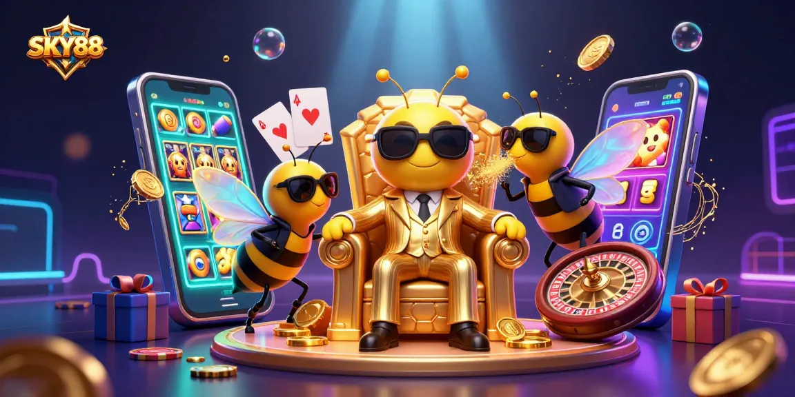 Experience thrilling gameplay at SKY88 with vibrant slot games, poker, and roulette in this rich 3D casino scene.