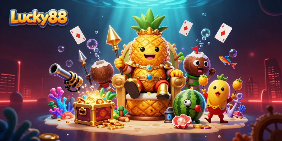 Engage with Lucky88 in a vibrant casino scene featuring a pineapple king and dynamic game elements.