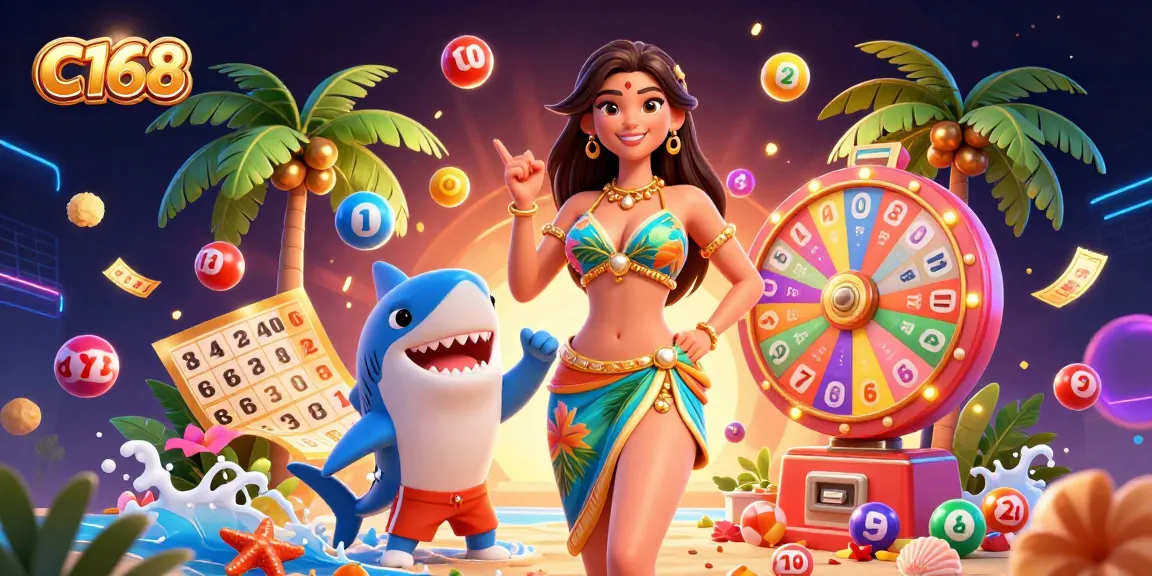 C168 provides vibrant lottery excitement with colorful balls, a beach goddess, and a fun shark.