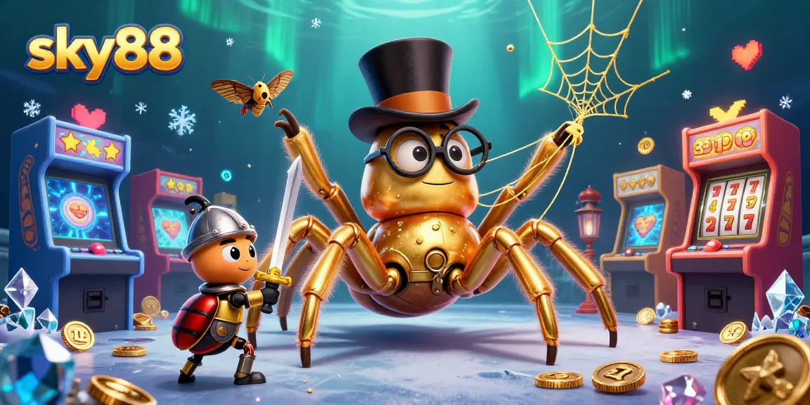 Engage with sky88's vibrant casino scene featuring a golden tarantula and beetle knight.