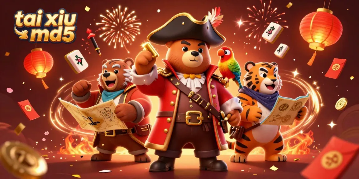 Experience the excitement of tai xiu md5 with 3D characters celebrating amidst casino-themed decorations.