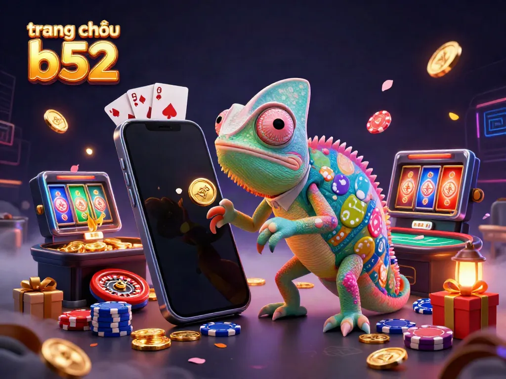 Experience the excitement of gaming at trang chủ b52 with a chameleon casino owner amidst vibrant game elements.