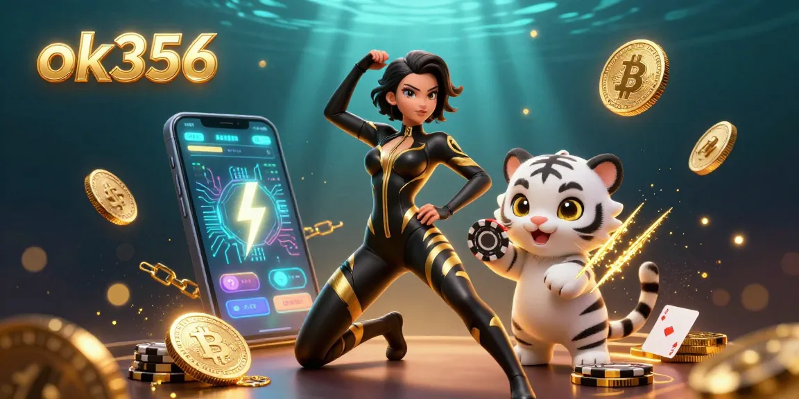Experience the thrill of casino gaming with ok356 featuring a dynamic scene of acrobatic characters and crypto elements.