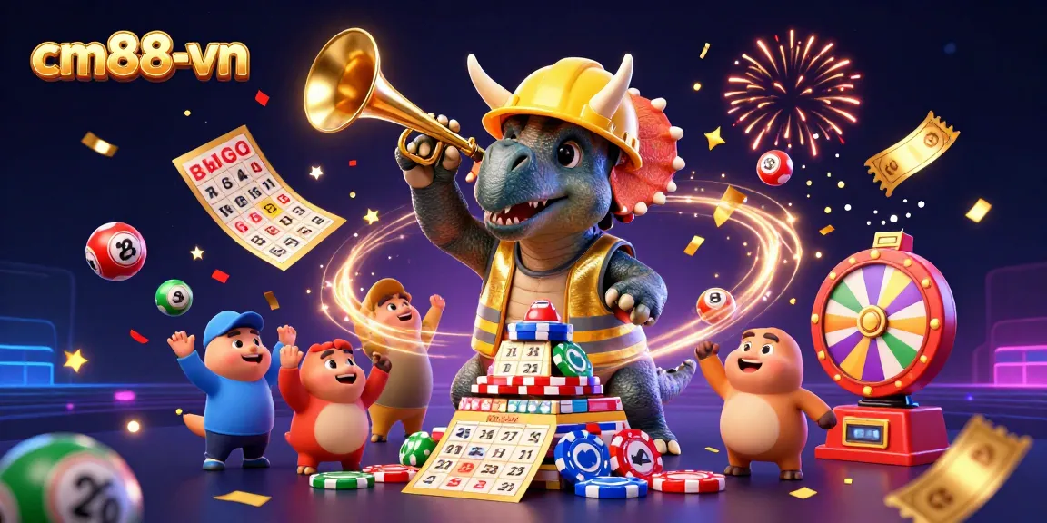 Celebrate with cm88-vn as the cartoon triceratops builds a poker chip pyramid in a vibrant casino scene.