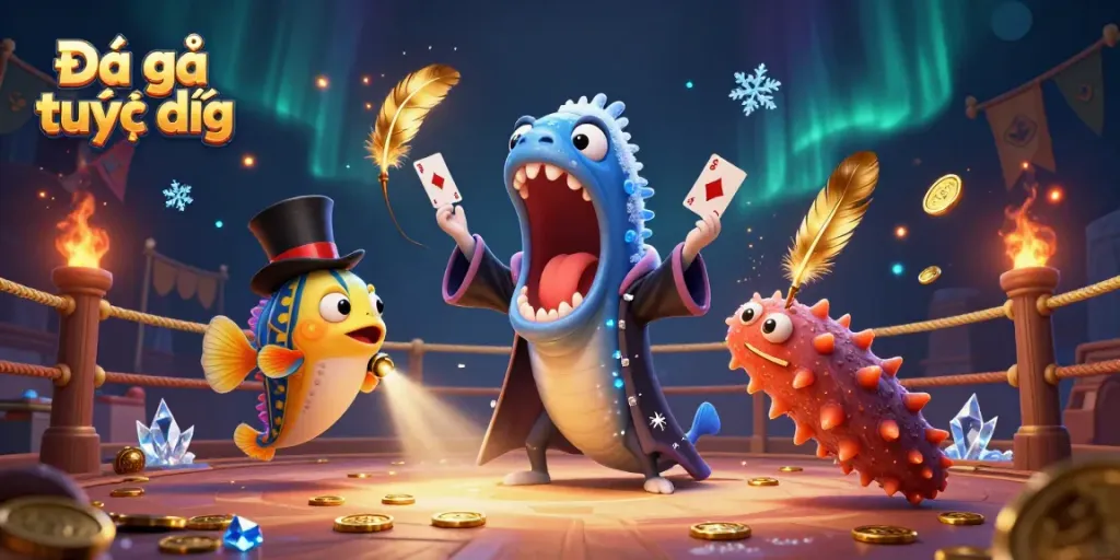 Experience the thrill of Đá gà trực tiếp with dynamic character illustrations in a vibrant arena.