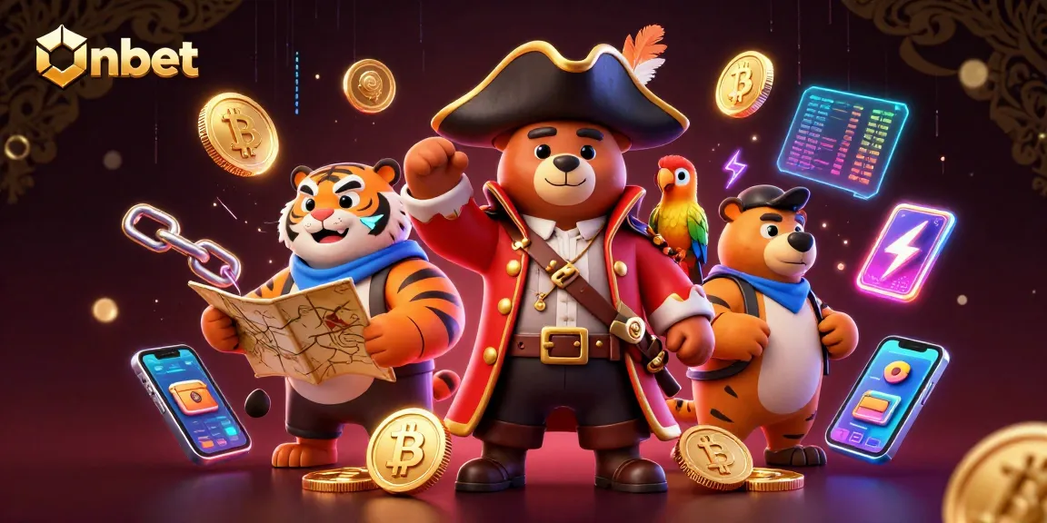 Engage with Onbet's exciting gaming world featuring a dynamic 3D pirate scene with vibrant cryptocurrency elements.