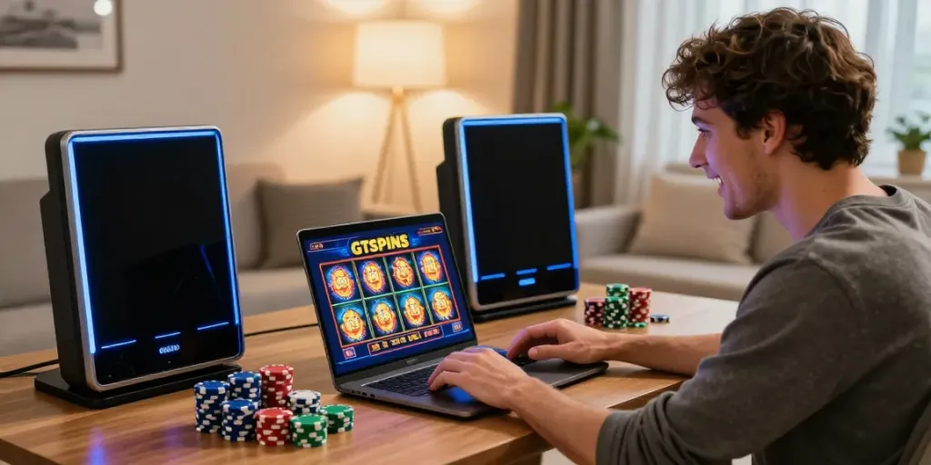 Player engaging with Gtspins Casino on a laptop, surrounded by colorful chips and vibrant game graphics.