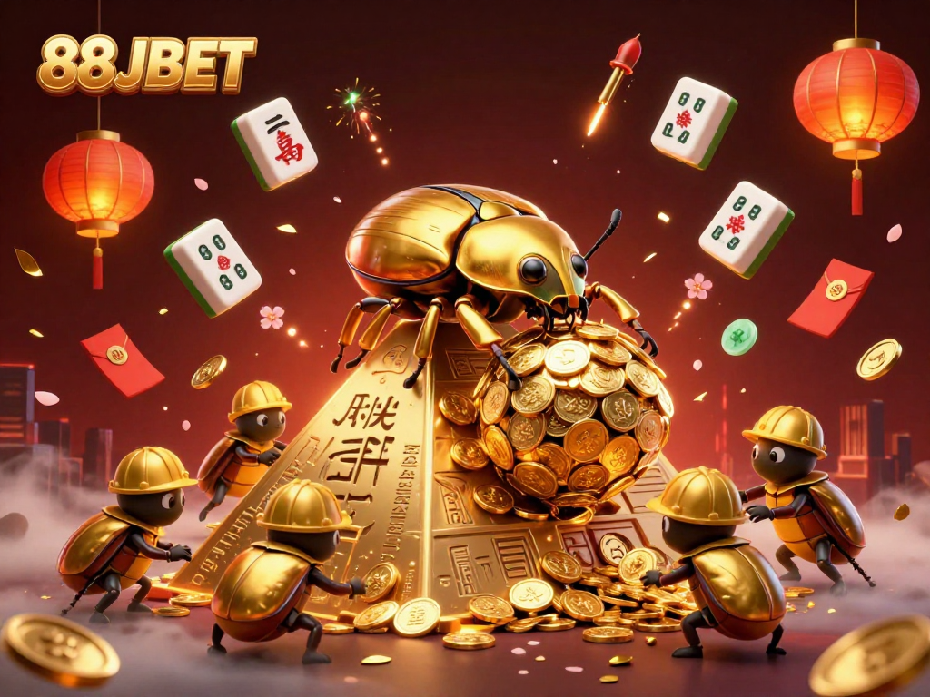 Engage with 88JBET's thrilling golden beetle adventure through dynamic casino elements and vibrant colors.