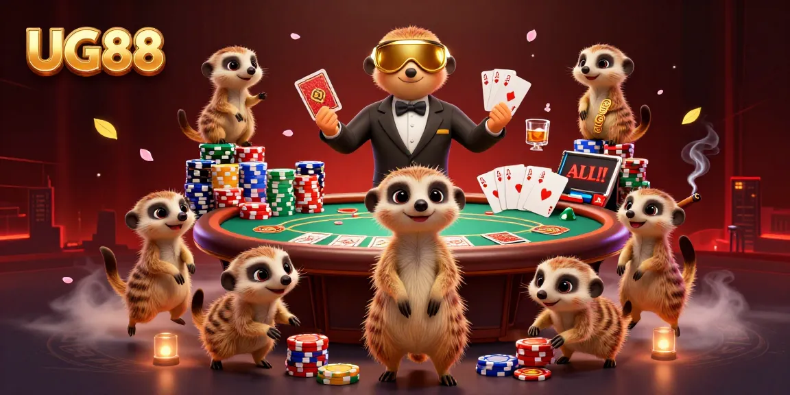 UG88 meerkats managing a vibrant casino atmosphere with poker games and colorful chips.