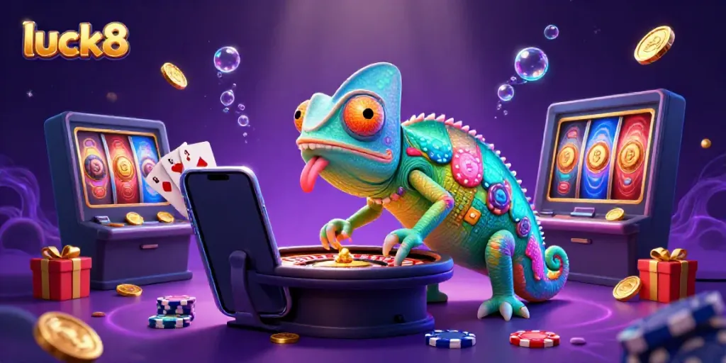 Experience the thrill of luck8 with a colorful casino scene featuring a chameleon owner snatching golden coins amidst vibrant gaming elements.
