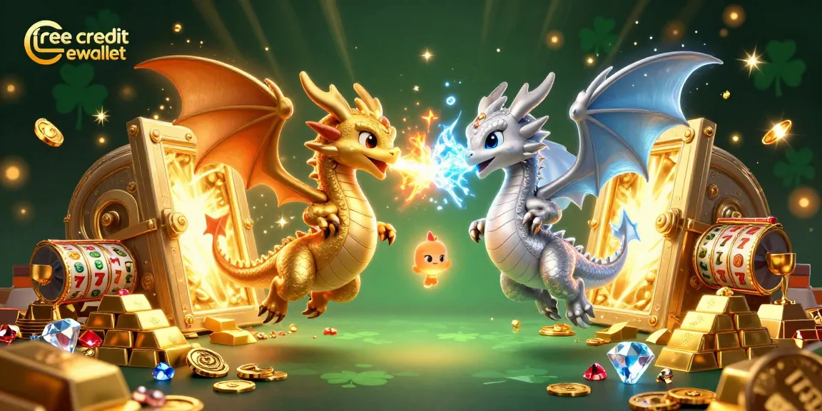 Win big with free credit ewallet while watching twin dragons create a magical scene of fortune.