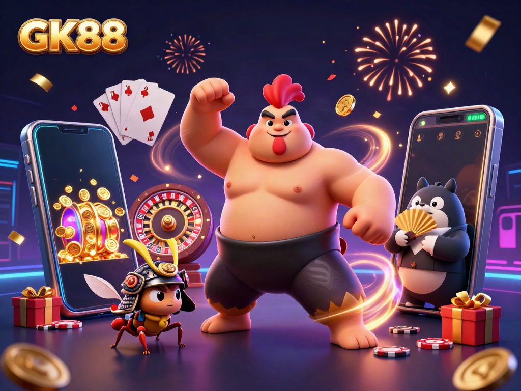 Engage with GK88's vibrant casino scene featuring lively characters and dynamic gaming elements.