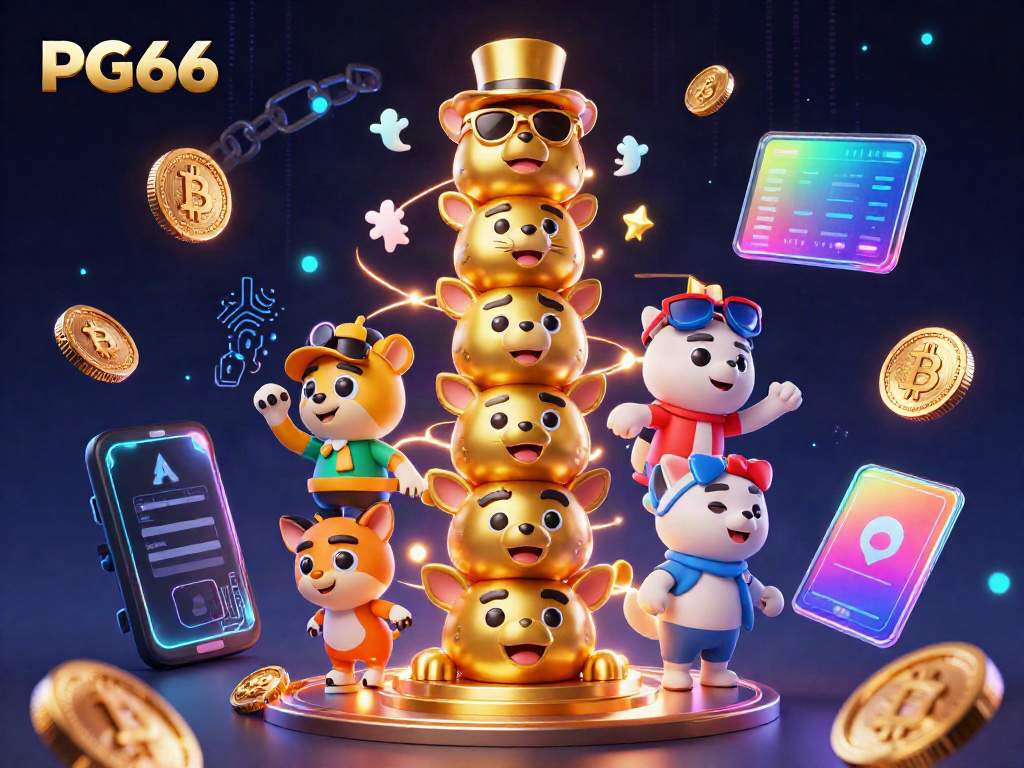 Experience the vibrant gameplay of PG66 with an engaging 3D casino scene featuring unique characters and crypto elements.