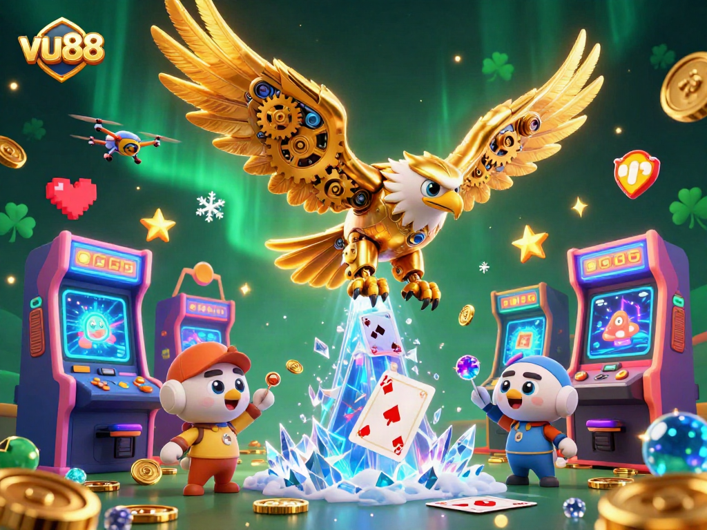 Experience thrilling gameplay with vu88's animated golden eagle soaring through colorful casino elements.