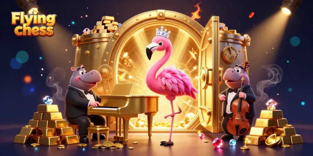 Engage in Flying chess gameplay with vibrant visuals showcasing characters and glamorous casino elements.