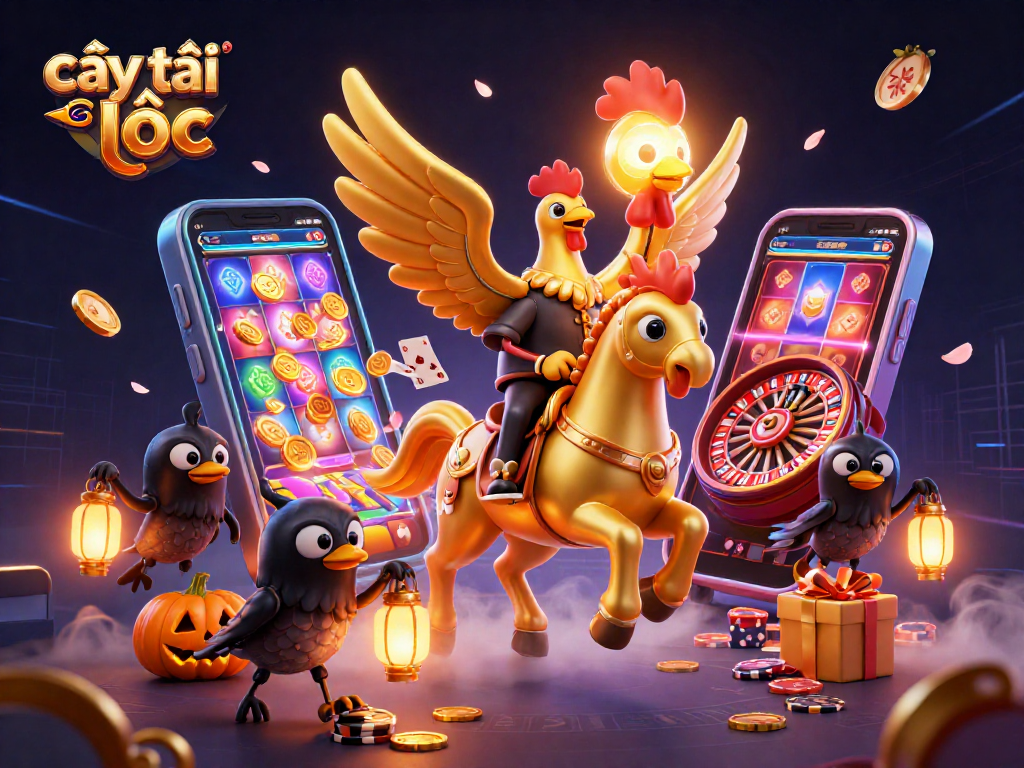 Play the colorful slot game cây tài lộc with golden coins and mystical characters in a dazzling casino setting.