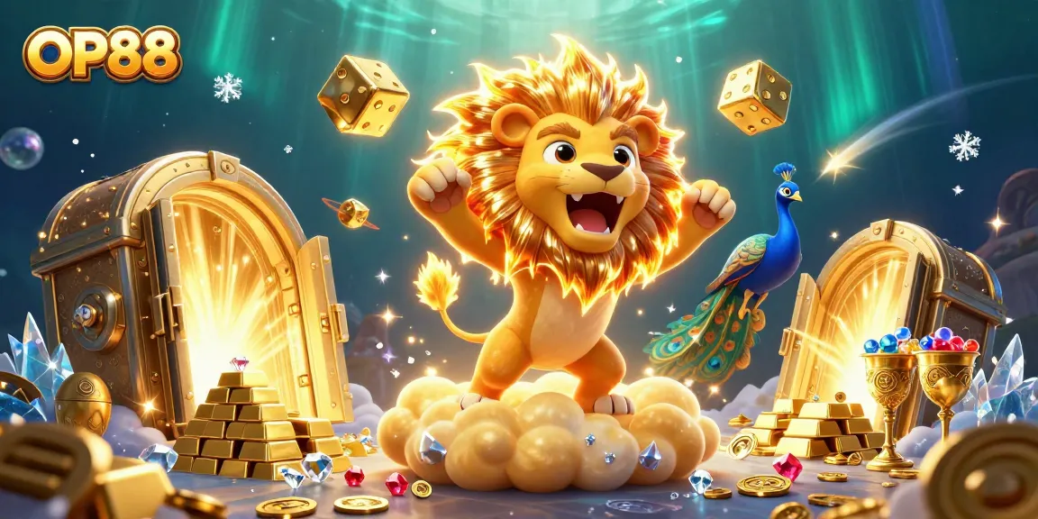 Play thrilling games at OP88, featuring vibrant golden treasures and a lively casino atmosphere.