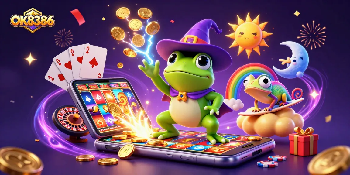 OK8386 boosts excitement with a 3D wizard frog creating golden coins and casino games in a vibrant scene.