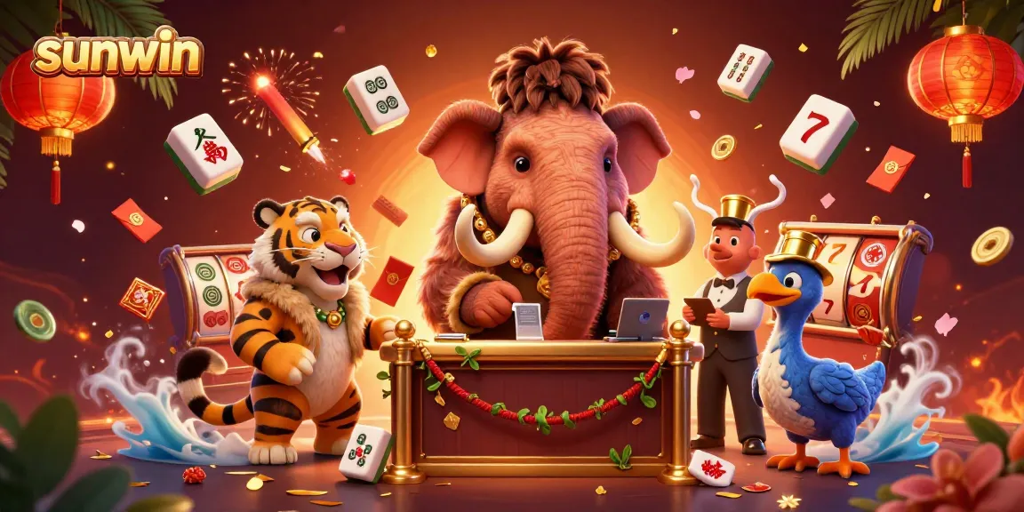 Immerse in sunwin's vibrant gaming atmosphere with a woolly mammoth checking IDs, surrounded by slots and festive decorations.