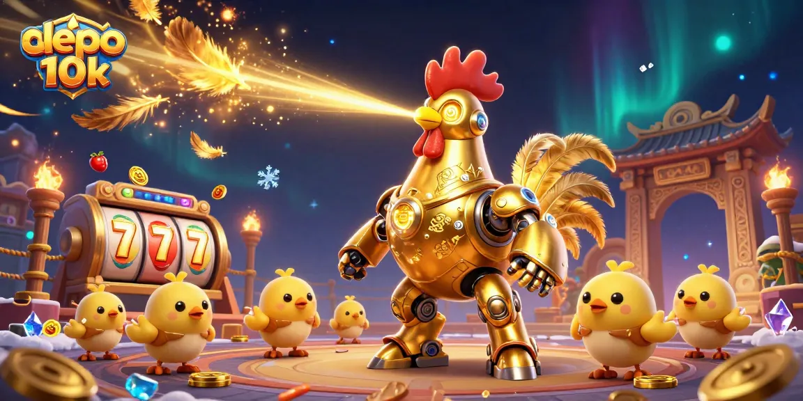 Engage with the vibrant atmosphere of slot depo 10k featuring a golden rooster robot and slot reels amidst dynamic casino elements.