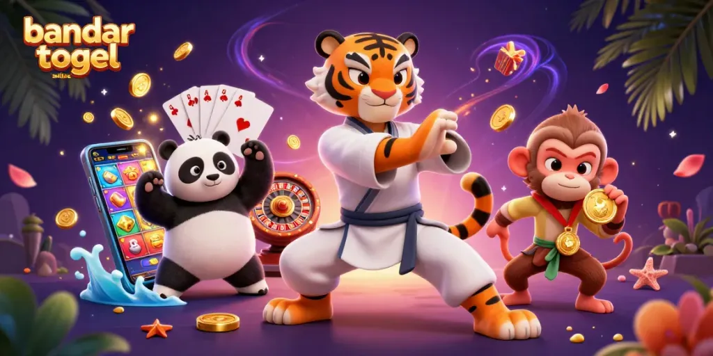 Engage with bandar togel online in this vibrant 3D scene featuring a kung fu tiger master surrounded by dynamic gaming elements.