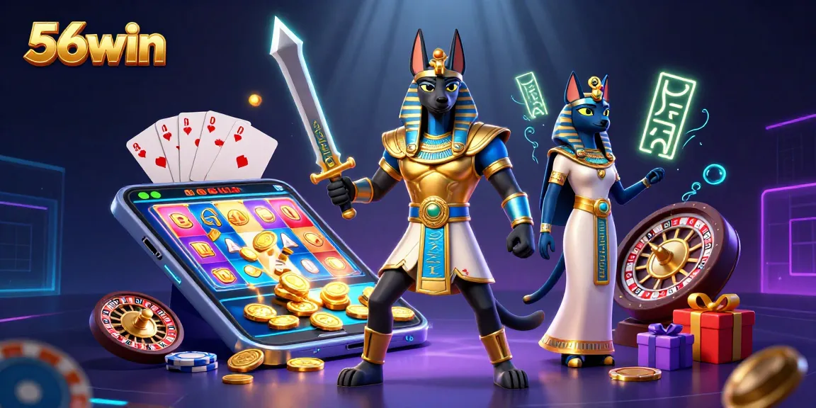 Bet on 56win with Anubis and Bastet in an immersive casino scene featuring slots and gold coins.