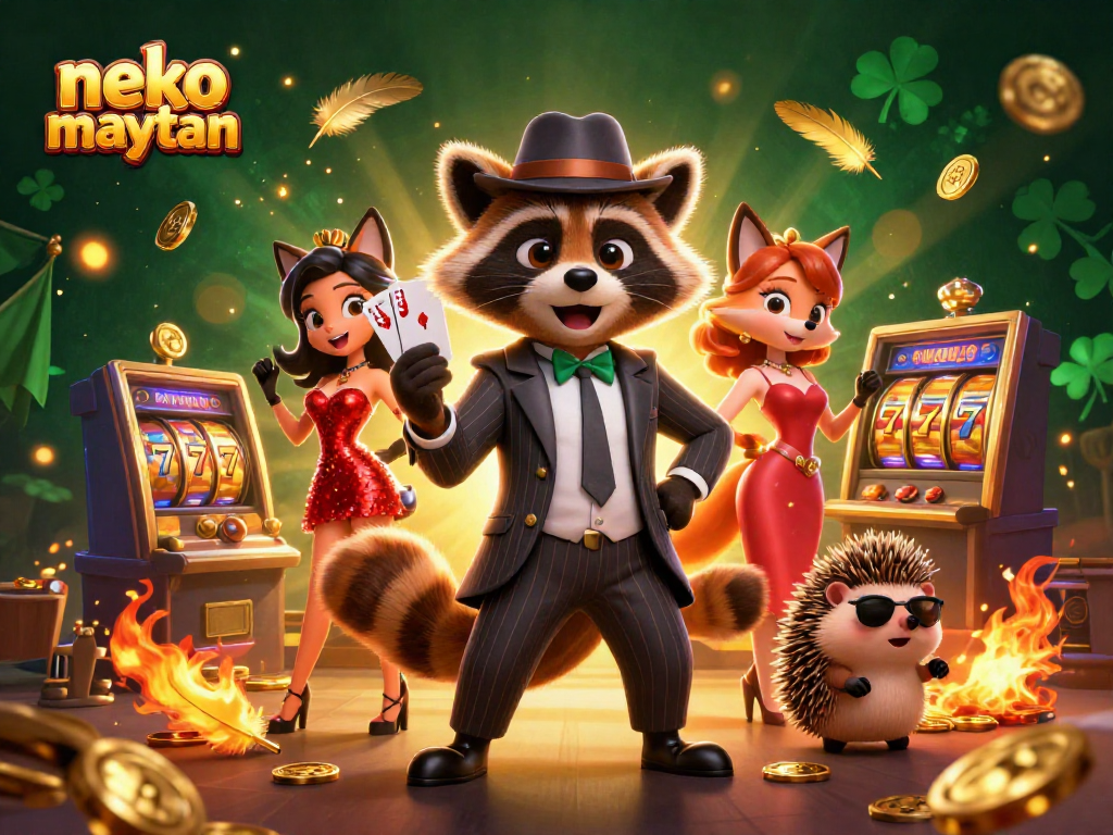 Experience the excitement of neko may mắn as characters engage in gambling with royal flush hands and slot machine reels.