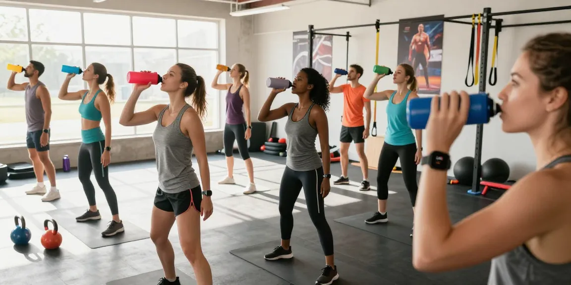 Group of fitness enthusiasts using a health tracker during a workout in a vibrant gym, showcasing energy and motivation.