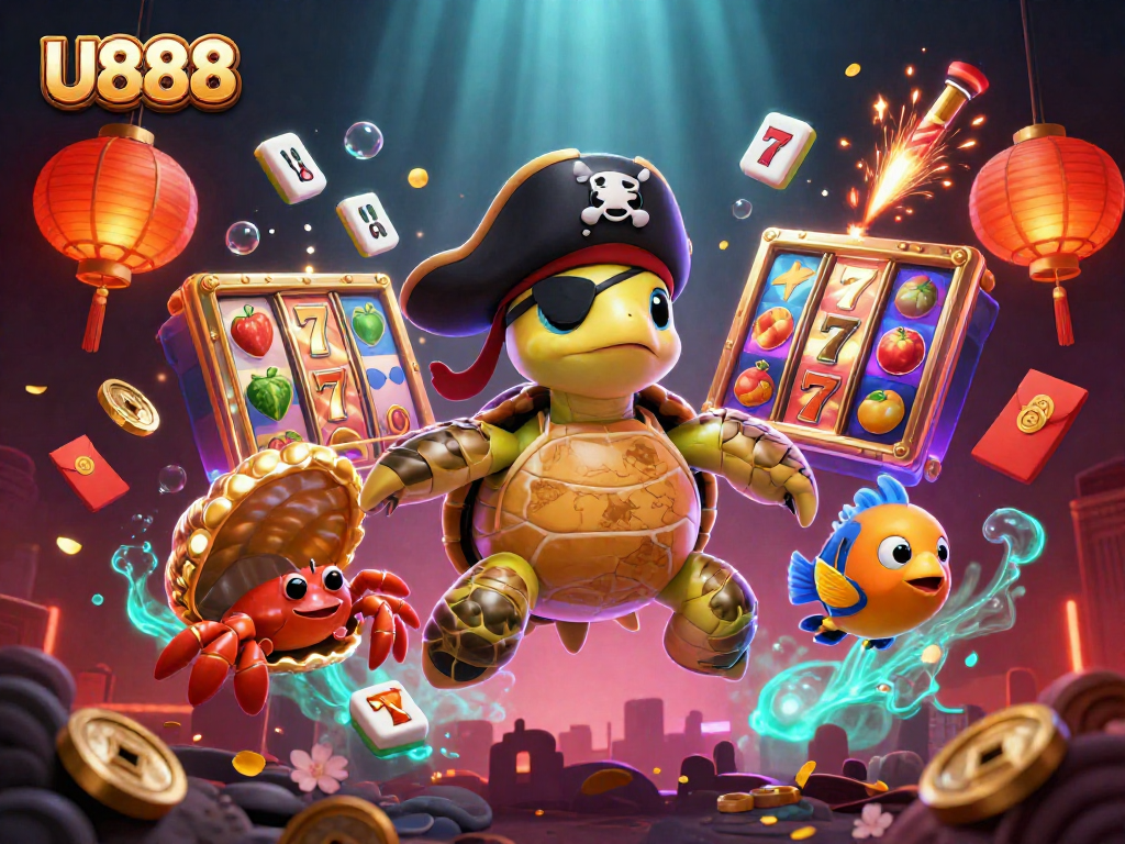 Immerse in U888's engaging treasure-filled casino adventure with a pirate turtle and vibrant game elements.