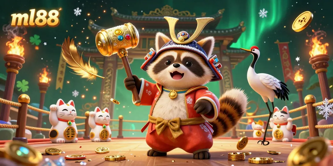Engage with ml88's vibrant casino scene featuring lucky tanuki and fortune cats amidst dynamic gaming elements.