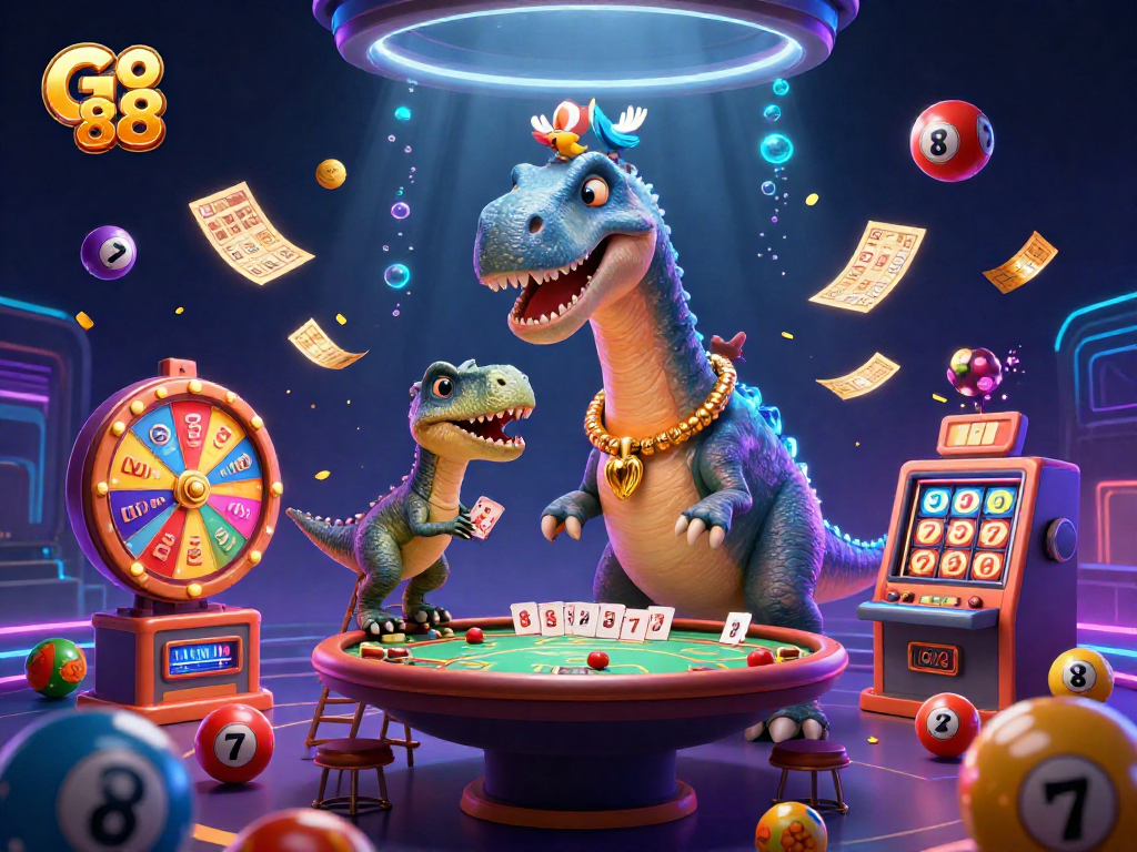 Engage with Go 88 in a vibrant casino scene filled with dynamic lottery elements and characters.