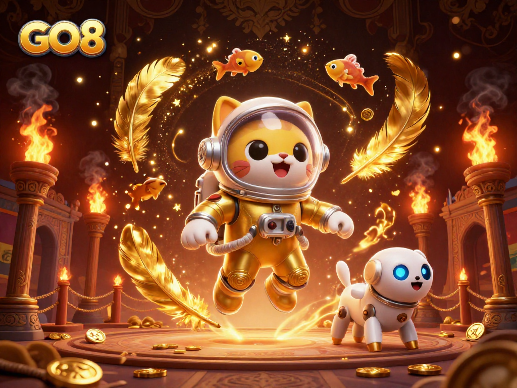 Join the GO8 action with a golden space astronaut cat and rocket dog in an explosive gaming scene.