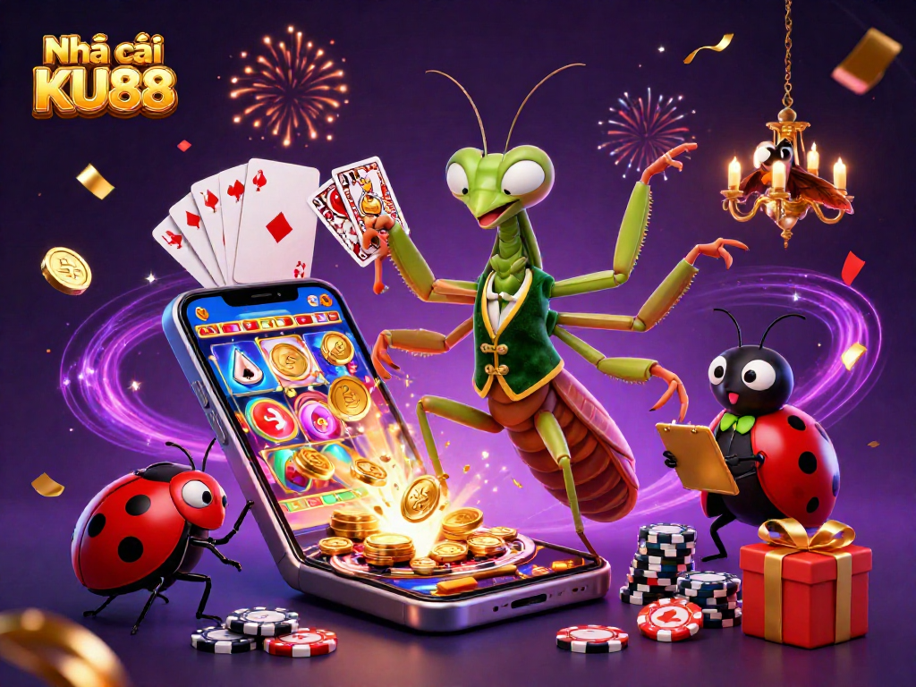 Engage with Nhà cái KU88's thrilling games featuring a giant praying mantis and ladybug in a vibrant casino.