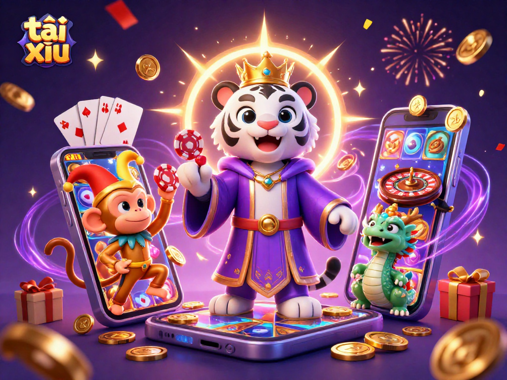 Engage in tài xỉu gameplay surrounded by a lively scene with enchanting characters and dynamic casino elements.