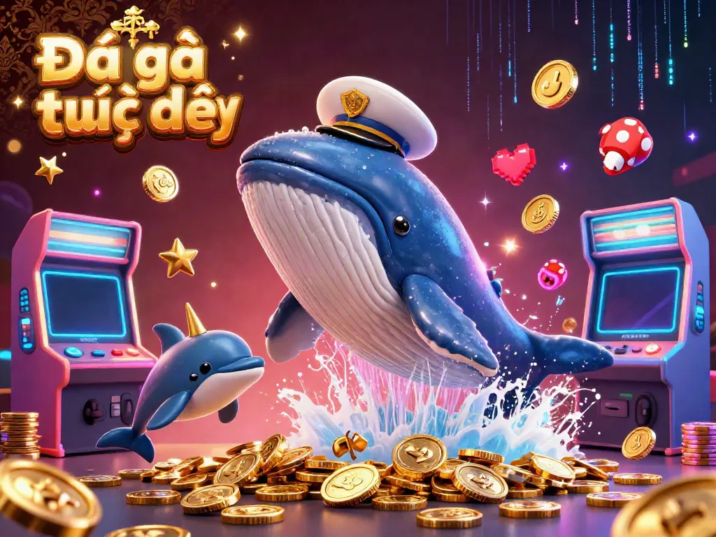 Engage in Đá gà trực tiếp with a vibrant 3D illustration of a whale and playful dolphins among coins and gaming elements.