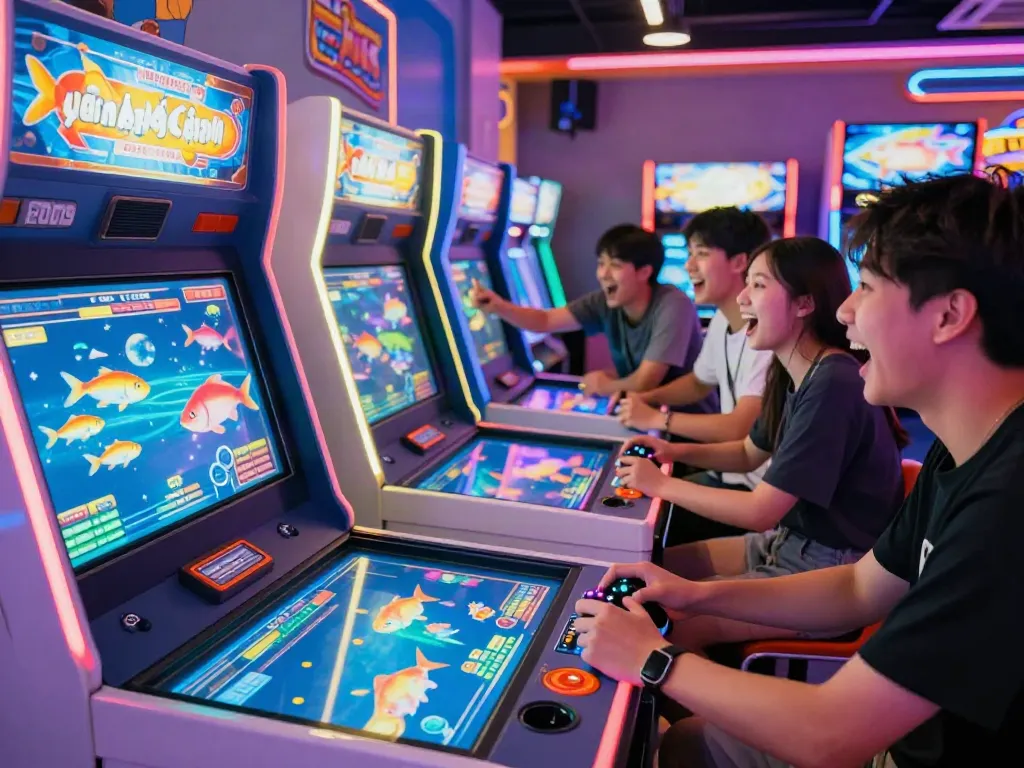 Excited players in an arcade playing lại là Bắn cá đổi thưởng with vibrant screens and neon lights.