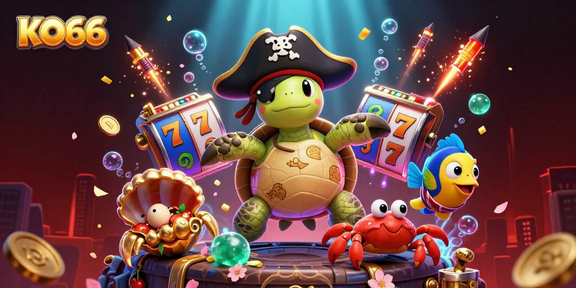 Engage with KO66's vibrant 3D casino scene showcasing pirate characters amidst dynamic slot reels and treasures.
