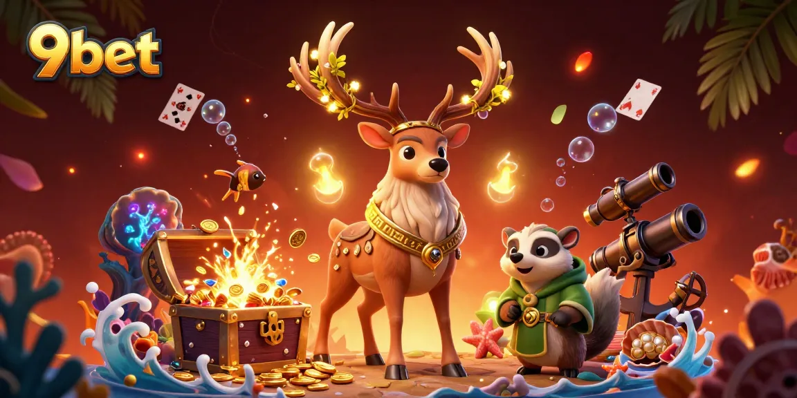 Engage with 9bet through a vibrant 3D casino scene featuring a Celtic druid stag and a wise badger.